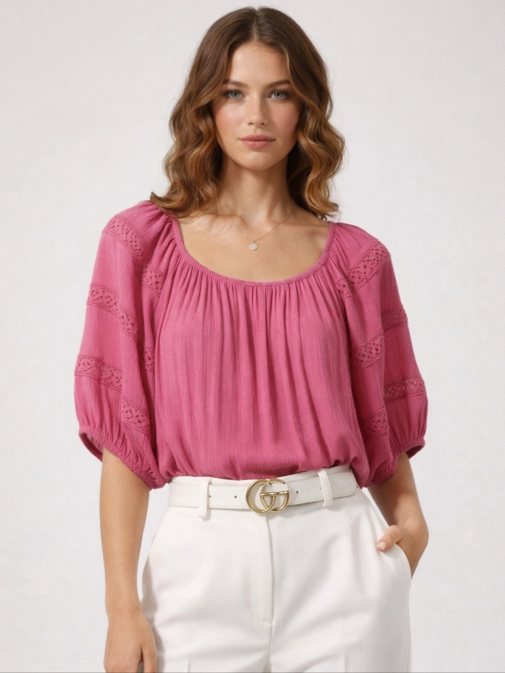 Pink Boho Blouse Elastic Neck Crochet Sleeve Chic Top